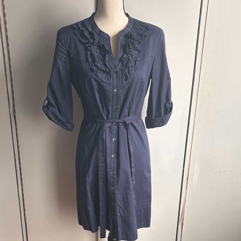 [Garnet Hill] Navy Ruffled Button-Up Shirt Dress